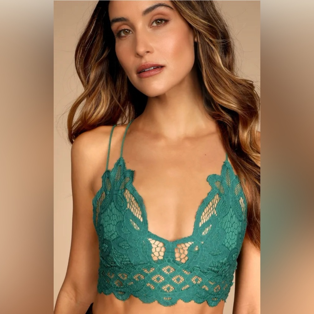 Free People FP One Adella Emerald Green Bralette Lace Crochet Strappy - Size XS